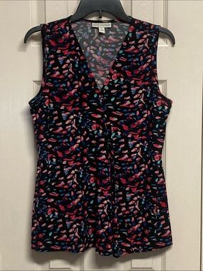 Dana Buchanan Black Multicolor Abstract V-Neck Sleeveless Knit Top Sz M